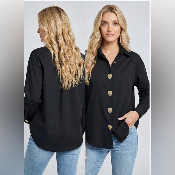 By Design Tops - Heart Shaped Buttons Blouse Black